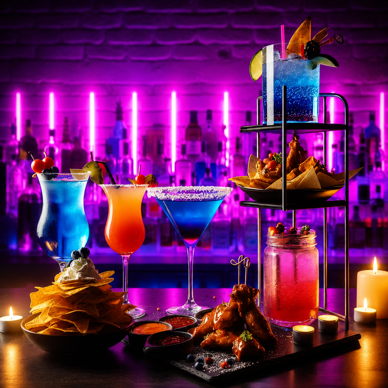 Colorful Bon Bon cocktails and nacho and wing platters under pink and blue neon bar lighting.