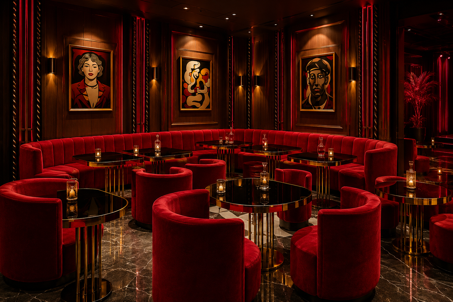 Bon Bon Nightclub velvet seating area with red banquettes, black marble tables, and warm architectural lighting.