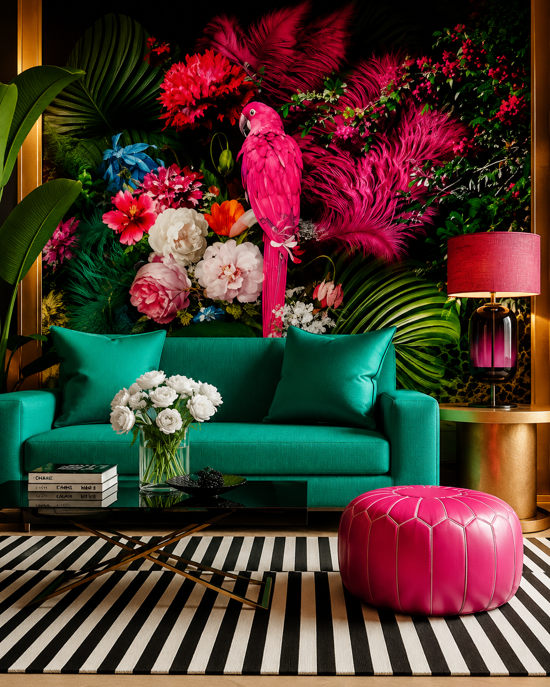 Bon Bon Nightclub reception-style lounge with floral mural, jewel-toned seating, and premium decor.