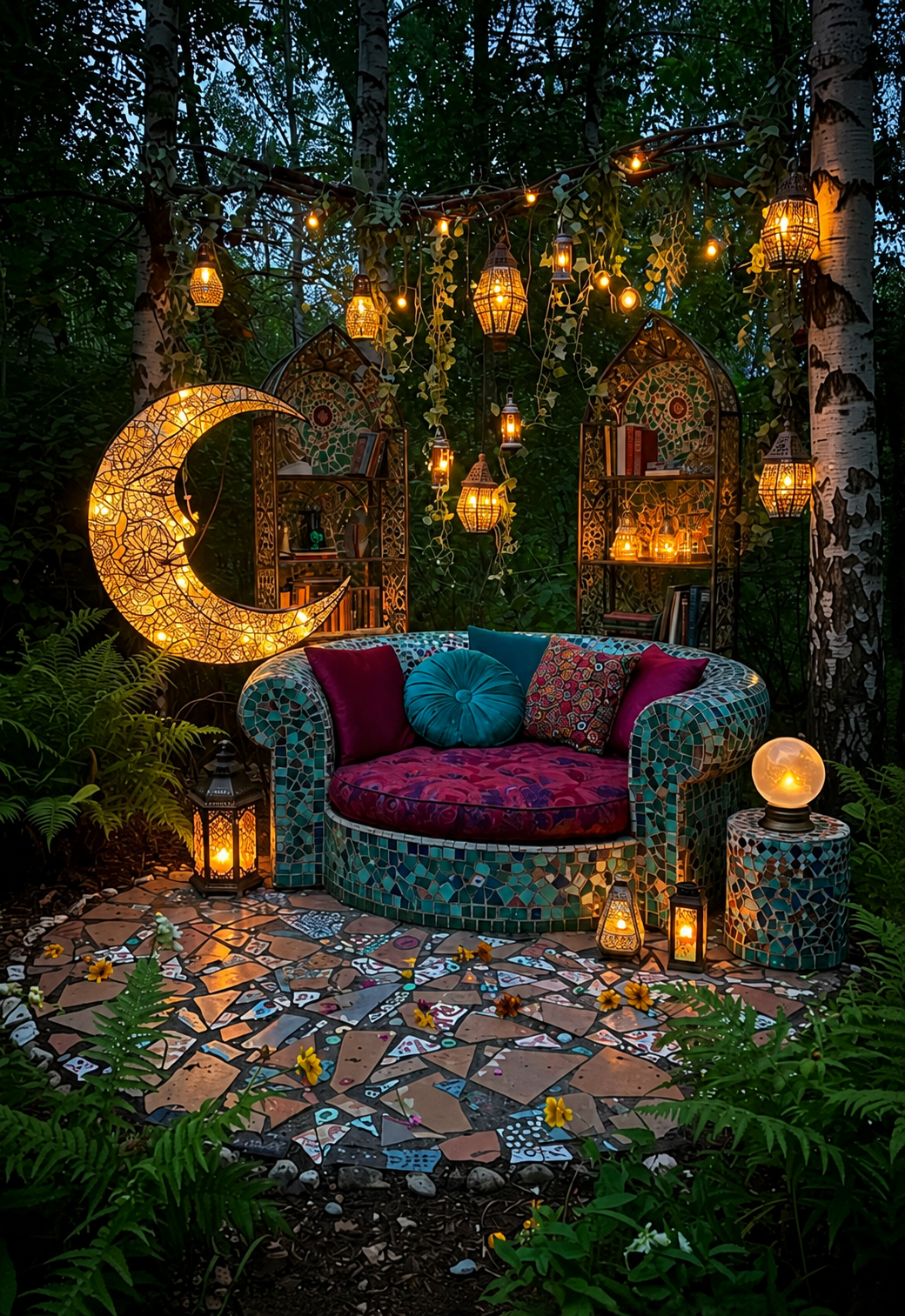 Mosaic lounge nook at Bon Bon with crescent moon light, hanging lanterns, and jewel-tone cushions.