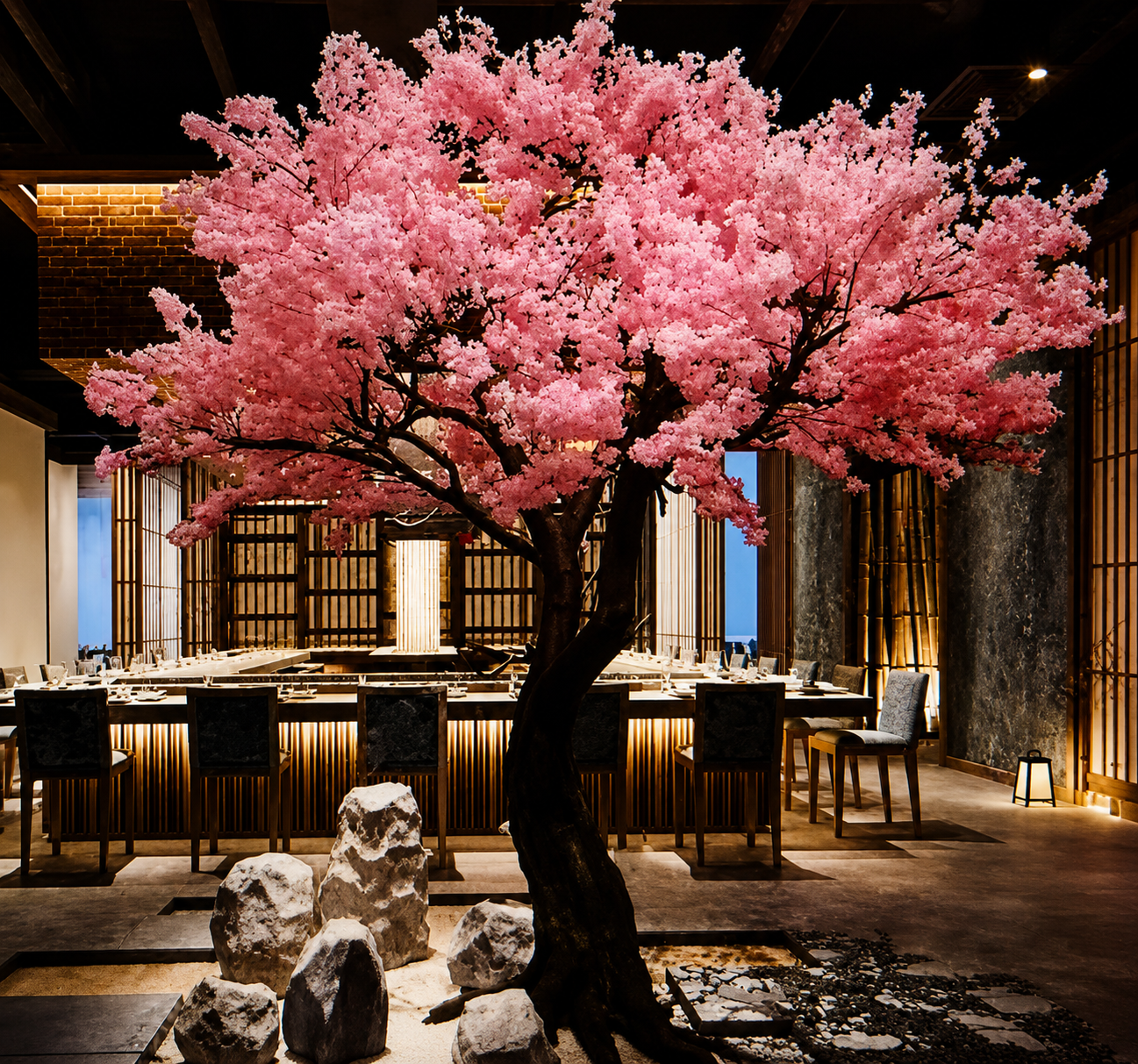 Large pink cherry blossom tree centerpiece above a long bar inside Bon Bon Nightclub.