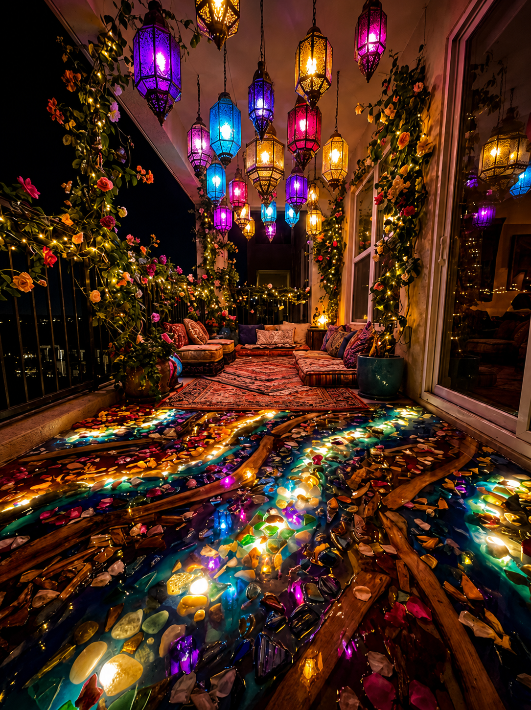 Bon Bon terrace draped in colorful Moroccan lanterns over a glowing gemstone resin floor.