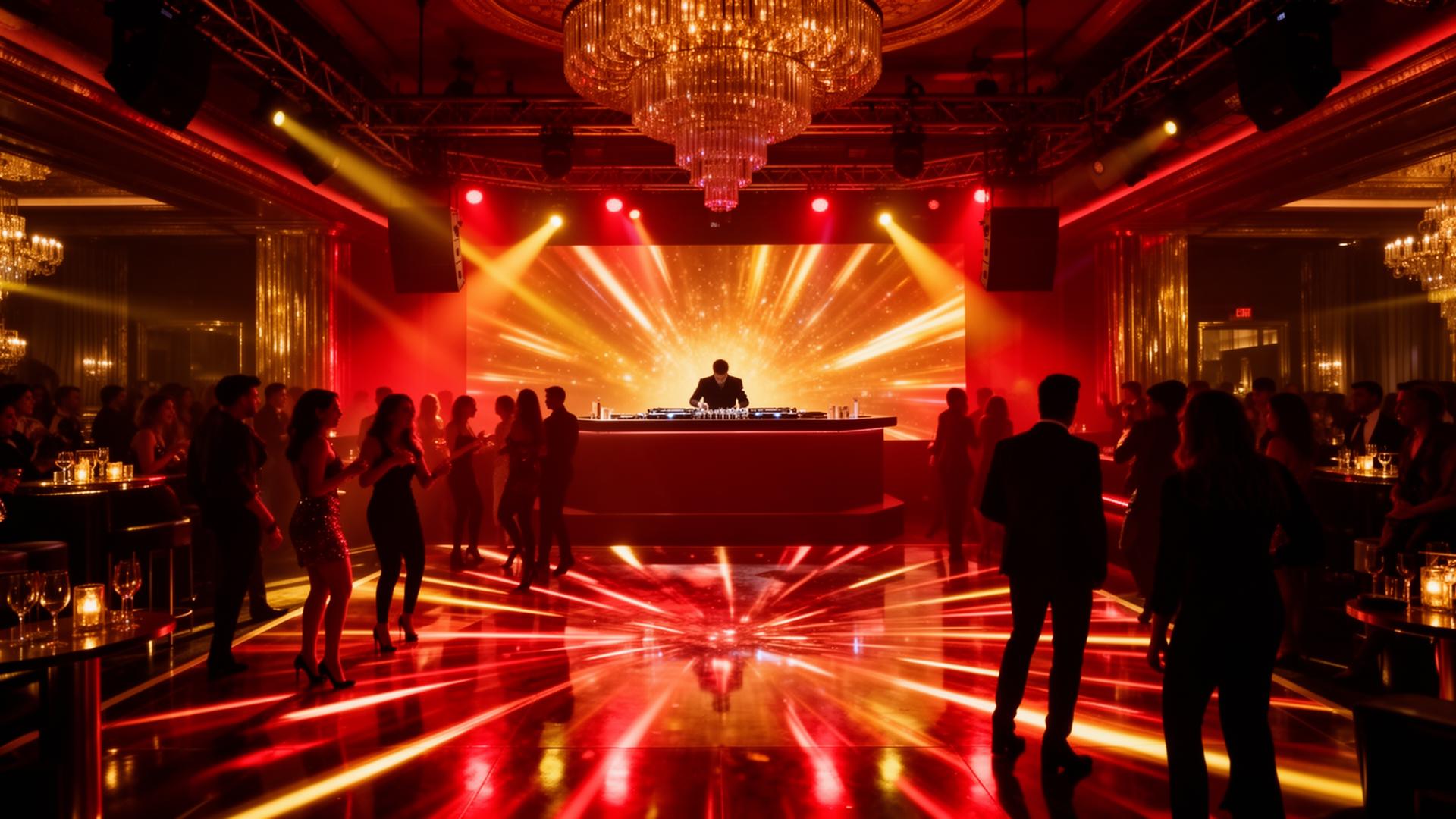 Luxury dance floor at Bon Bon Nightclub with dramatic lighting and a live DJ performance.
