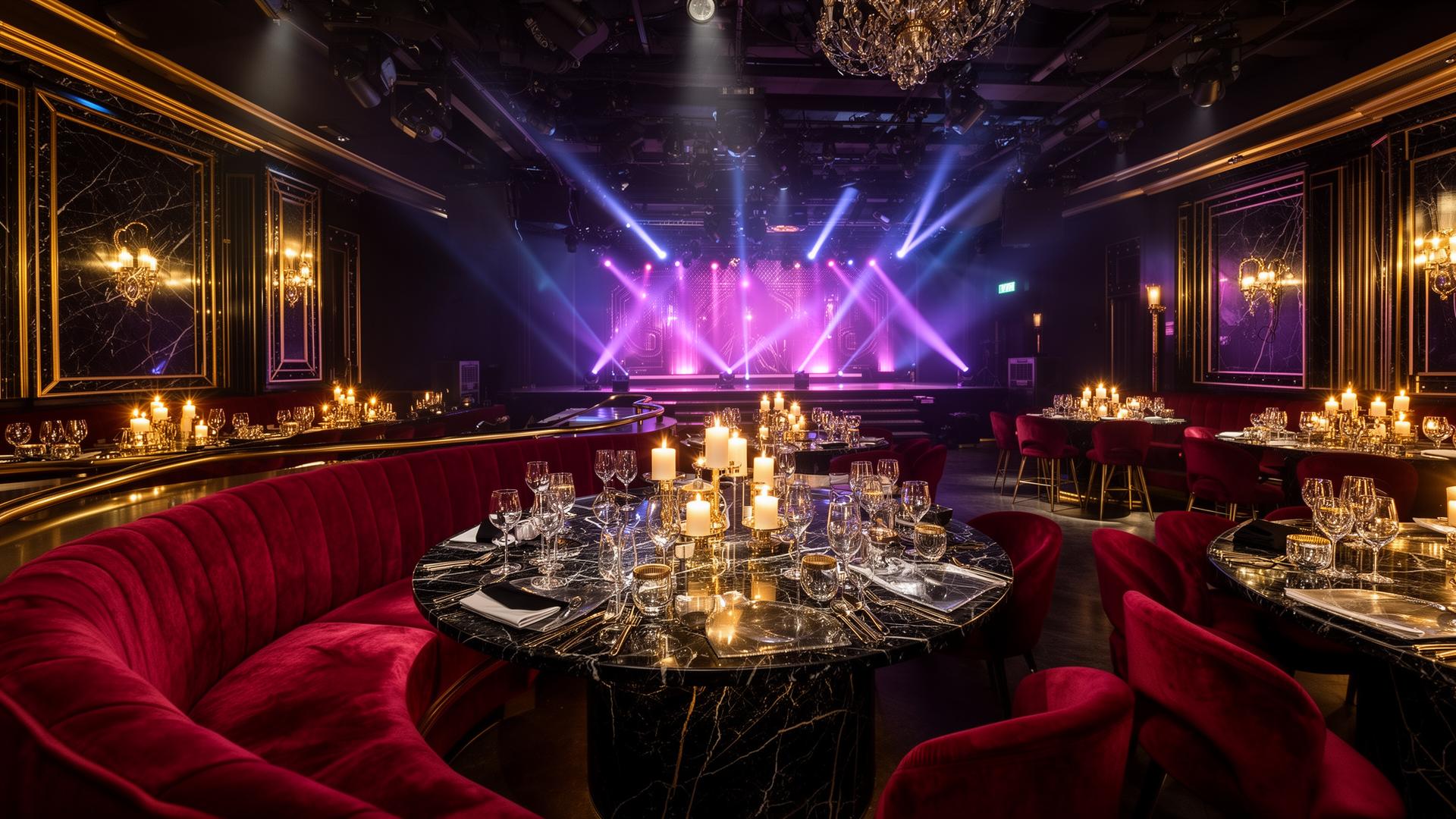 Upscale nightclub private event setup with candlelit tables, velvet seating, and stage lighting.