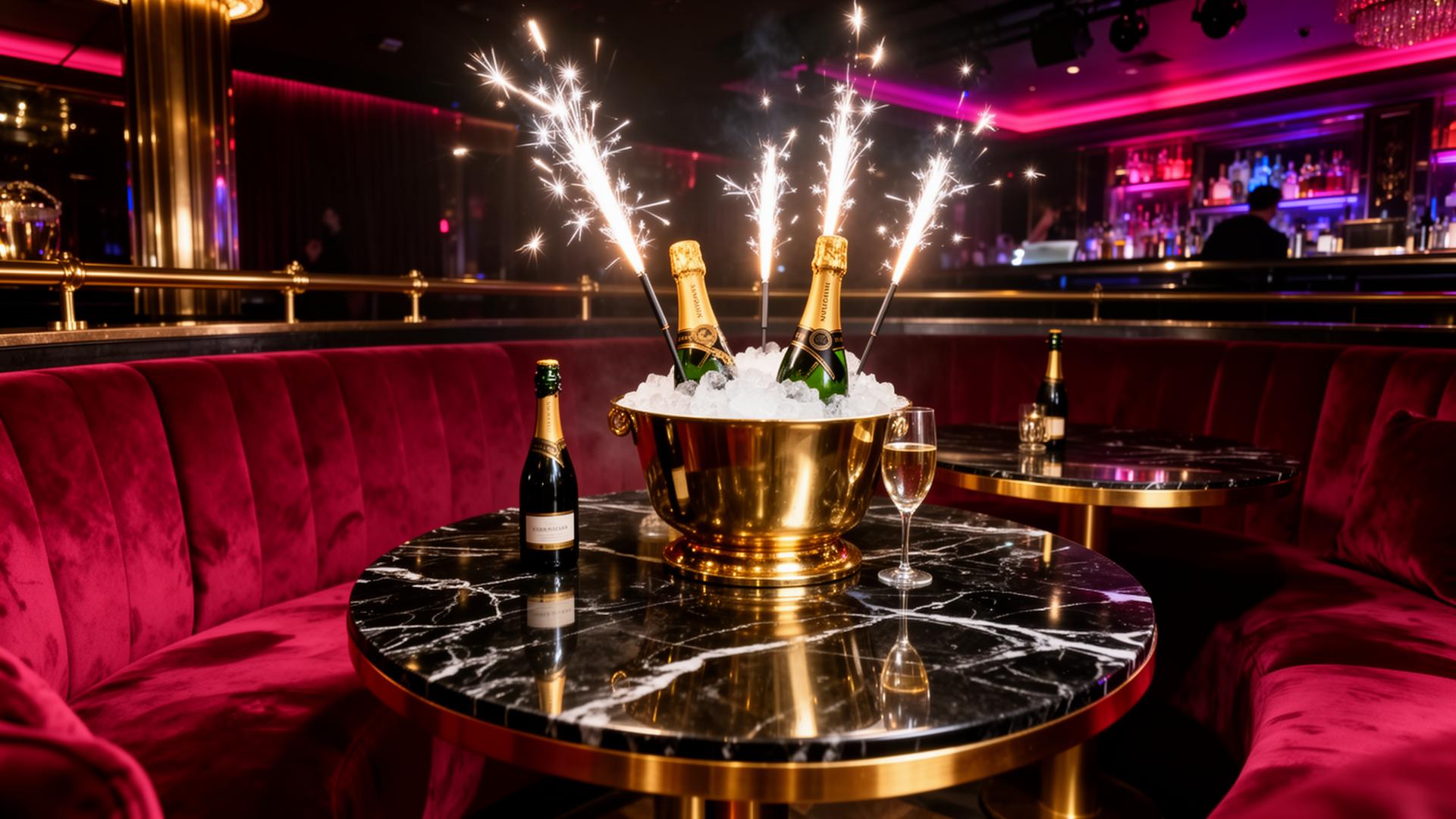 Champagne and bottle service presentation inside a velvet-lined VIP booth at Bon Bon Nightclub.