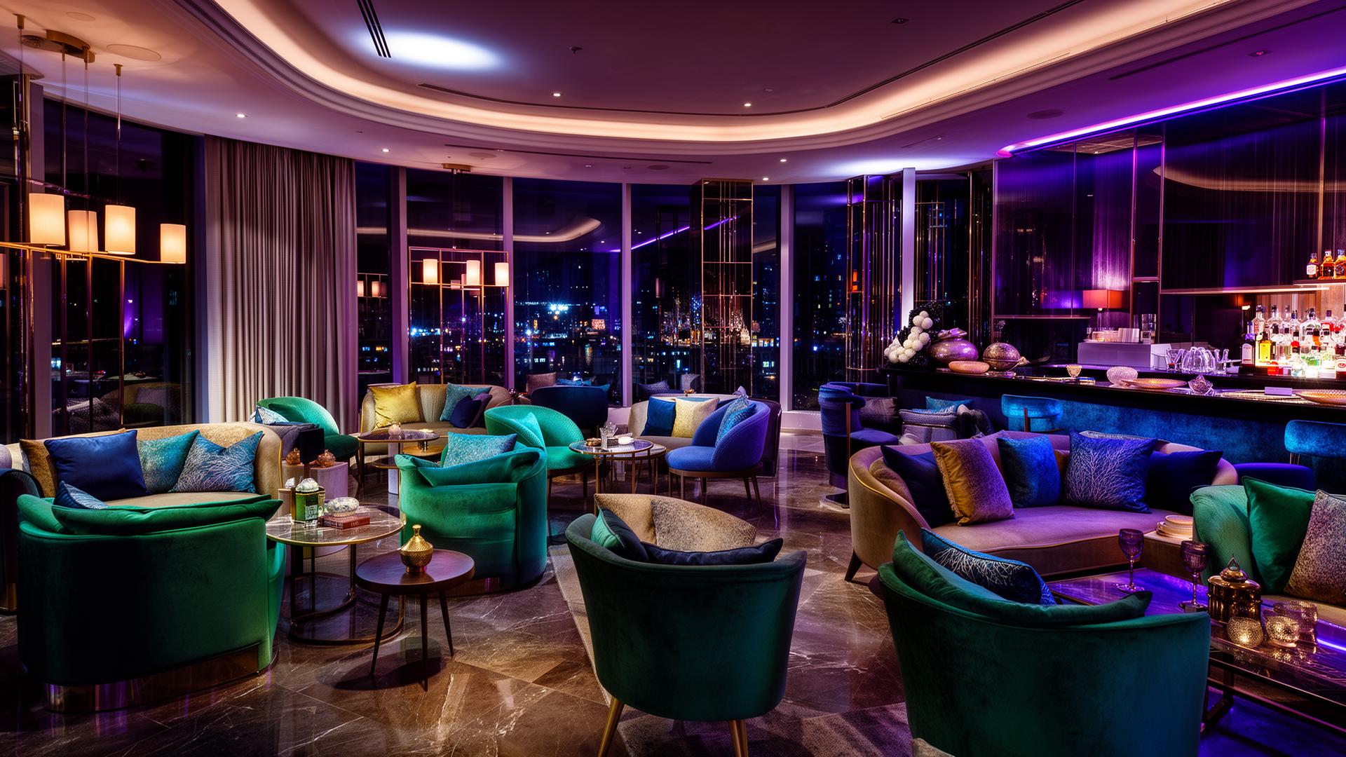 Sophisticated wellness-inspired luxury lounge with jewel-tone seating and premium evening ambiance.